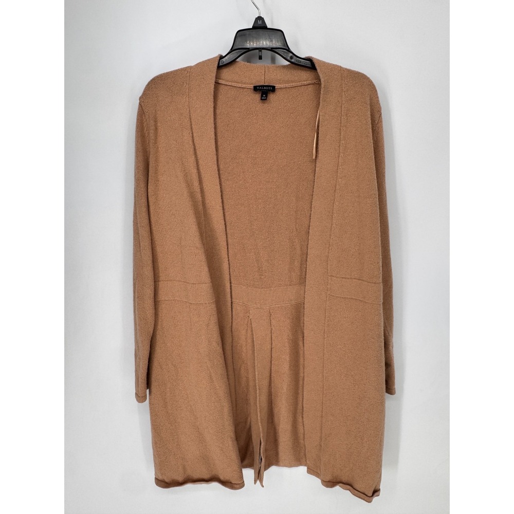 Talbots Cardigan Women Size M Tan Open Front Seamed Waist Back Vent Layering